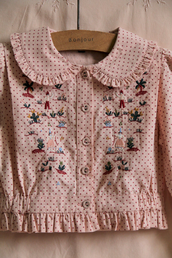 Embroidered blouse pink dot print