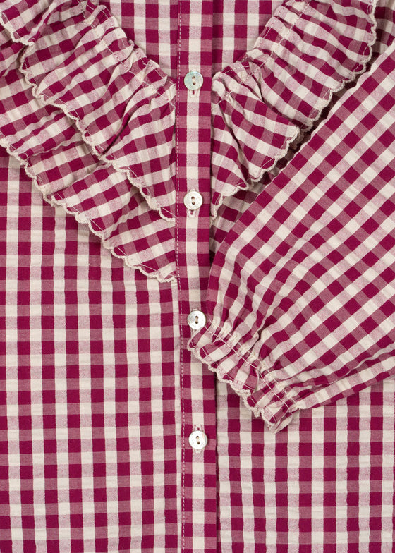 KONGES SLOJD KIM FRILL BLOUSE SANGRIA BUTTER CHECK