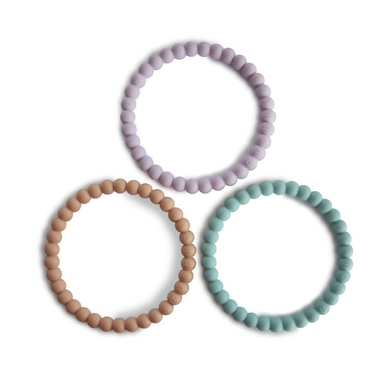 Mushie Pearl Teether Bracelets 3 Pack Lilac Cyan Soft Peach