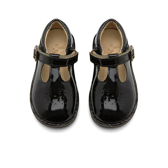 YOUNG SOLES PENNY VELCRO T-BAR SHOE BLACK PATENT LEATHER